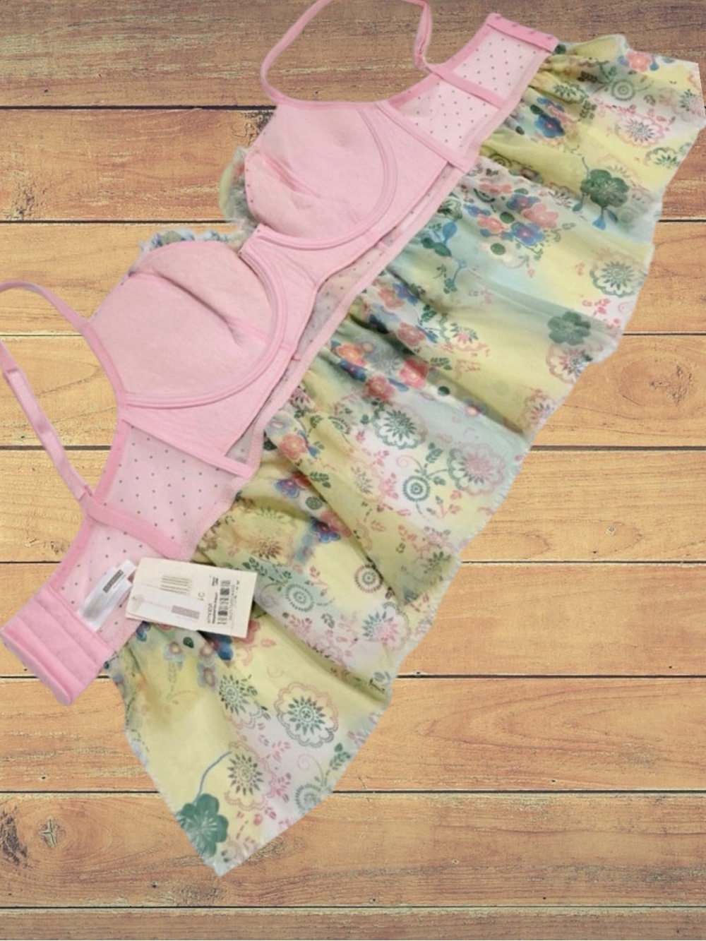 Necessary Objects Pink Floral Polka Dot Sheer Fairycore Bra Top Ruffle Tier NWT - Picture 3 of 12